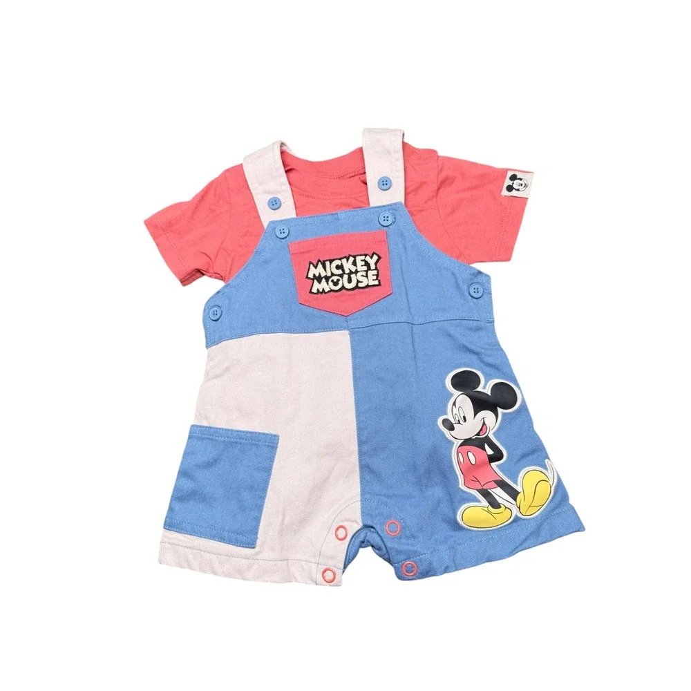 Disney Baby Mickey‎ Mouse Red Shirt Blue Colorblock Shortall Set 3-6M Outfit